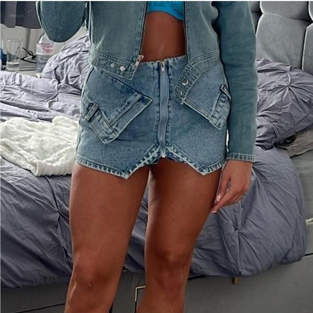 Pretty Little Thing Petite Light Blue Mini Pocket Front Denim Skirt
